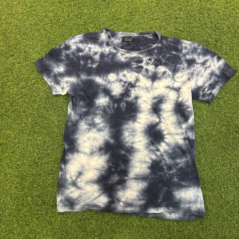 Zara Man Tie Dye T-Shirt Navy Blue White Galaxy Cloud Print Mens Medium